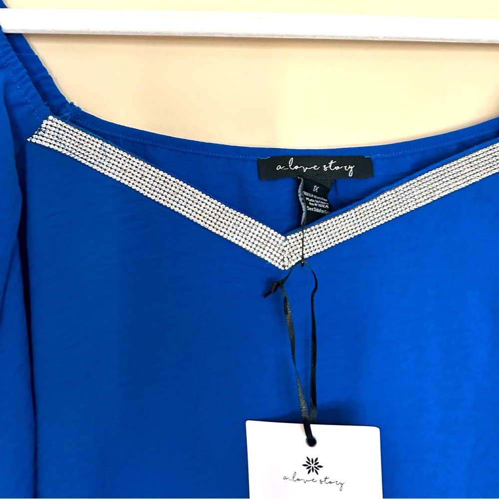 NEW A Love Story Women’s Elegant Royal Blue Blouse with Silver Accent - Picture 2 of 7
